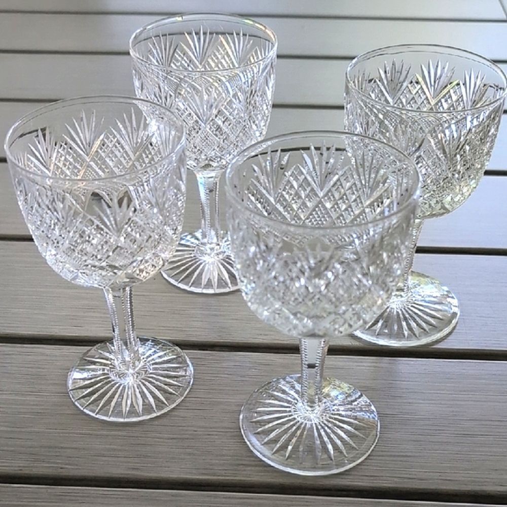 Antique American Brilliant Cut Crystal Wine Glasses, Set of 4